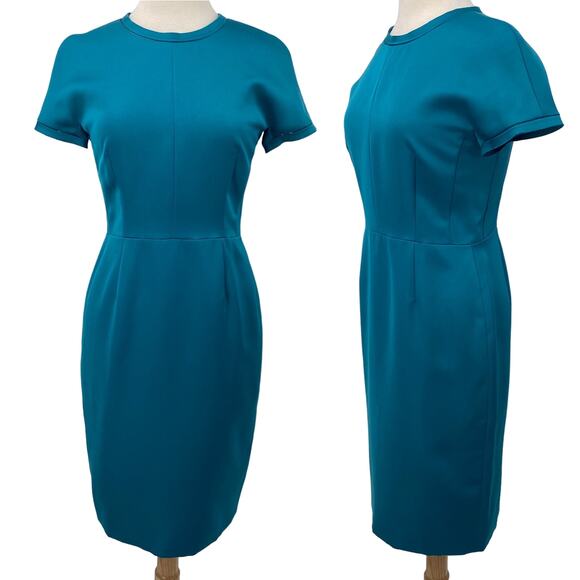 Escada Sheath Dress Knee Length Short Sleeve Teal Blue $1075 MRSP NEW Womens 6